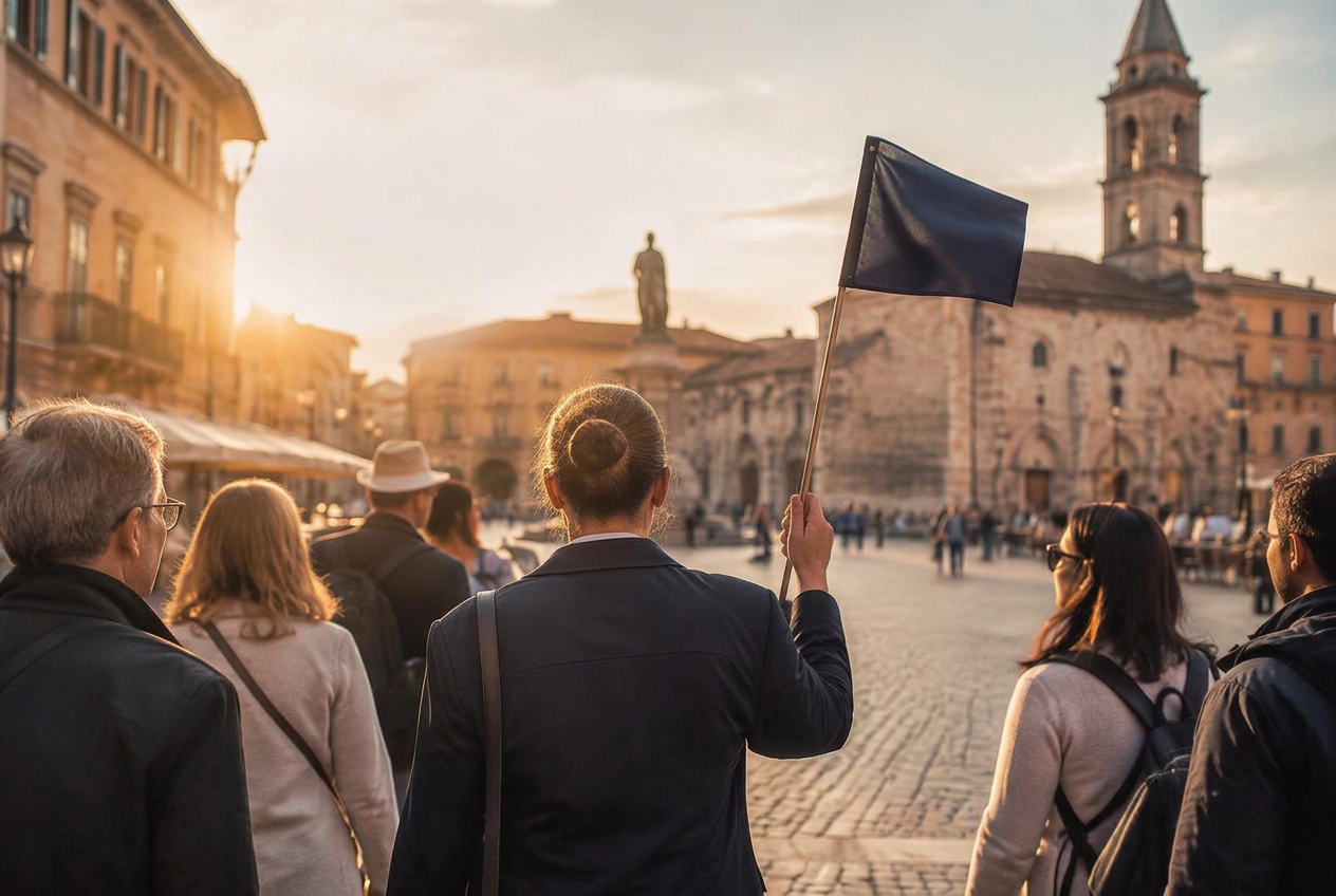 Tour leader guiding a group through a European square